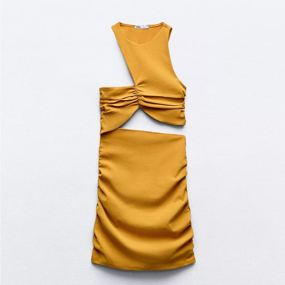 Zara Golden Yellow Ruched Cutout Dress